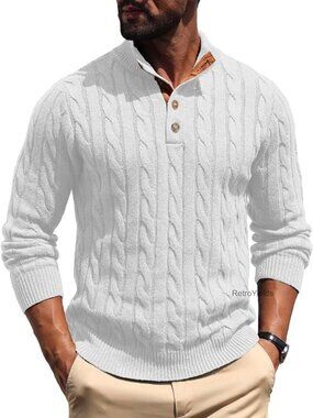 Cable Knit Pullover Sweater Stand Collar Henley Knitted